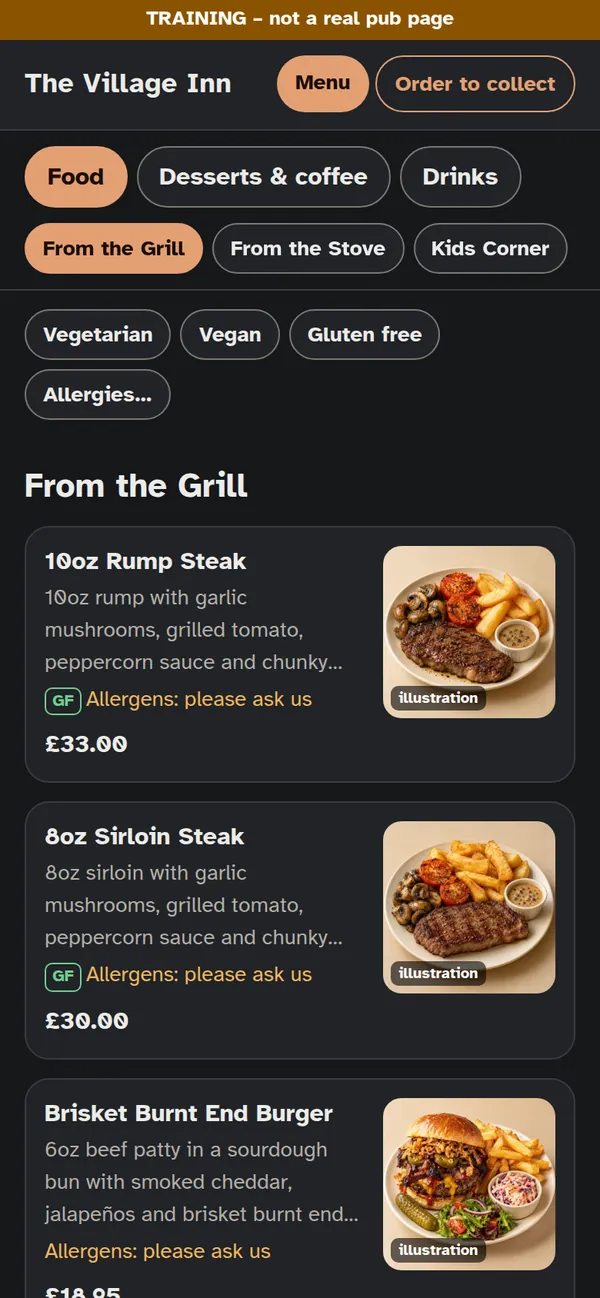 The pub's menu at night, in dark mode
