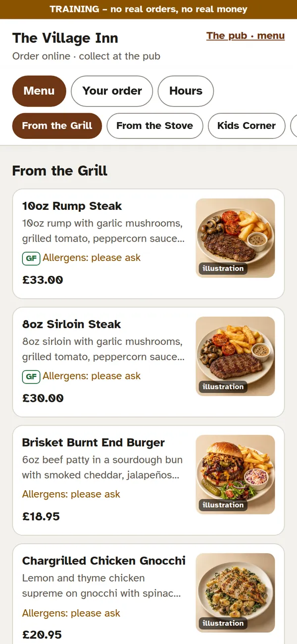 Ordering on a phone: dishes with pictures
